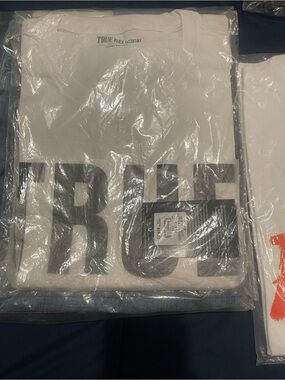 True Religion White Tee with Large Gray Block Logo